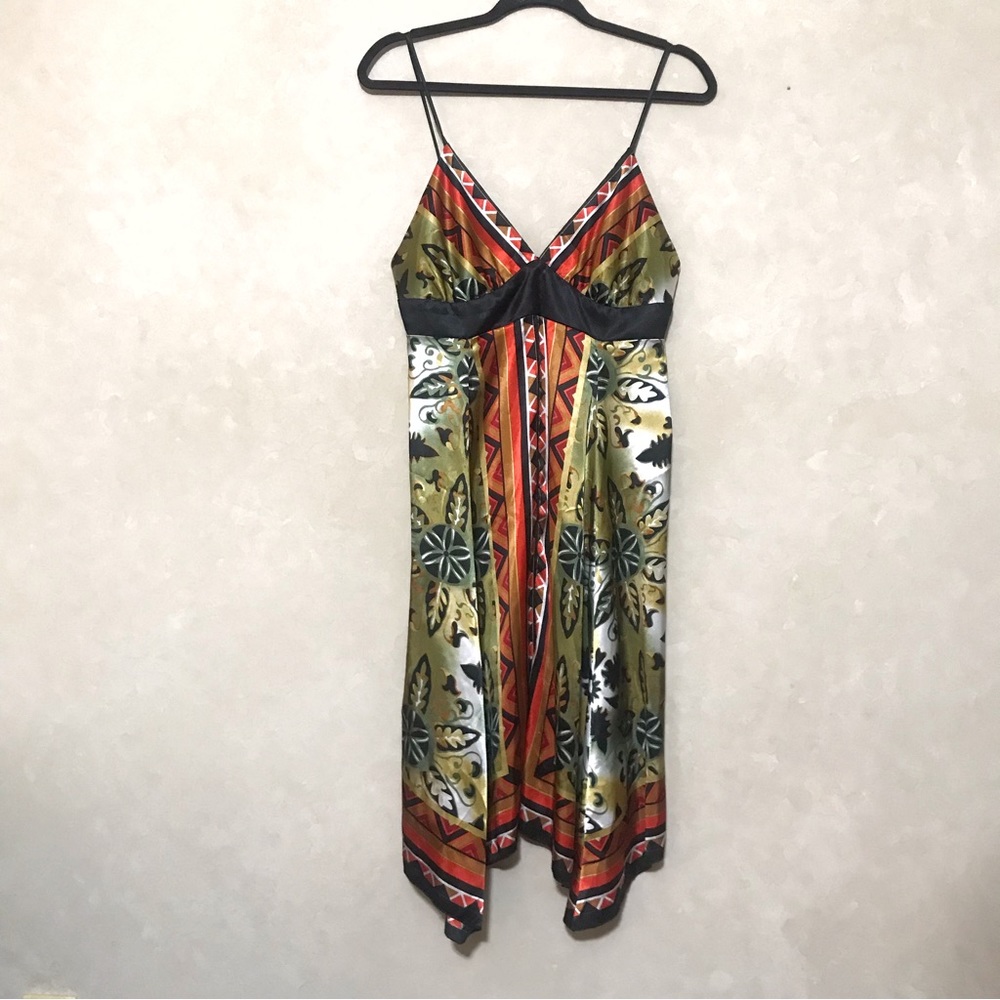 Vintage Rubber Ducky Satin Geometric Floral V Neck Scarf Dress Large